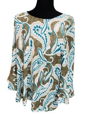 Chicos Womens Paisley Print Top Women 3 or XL Green White Flowy Bell Sleeve Boho